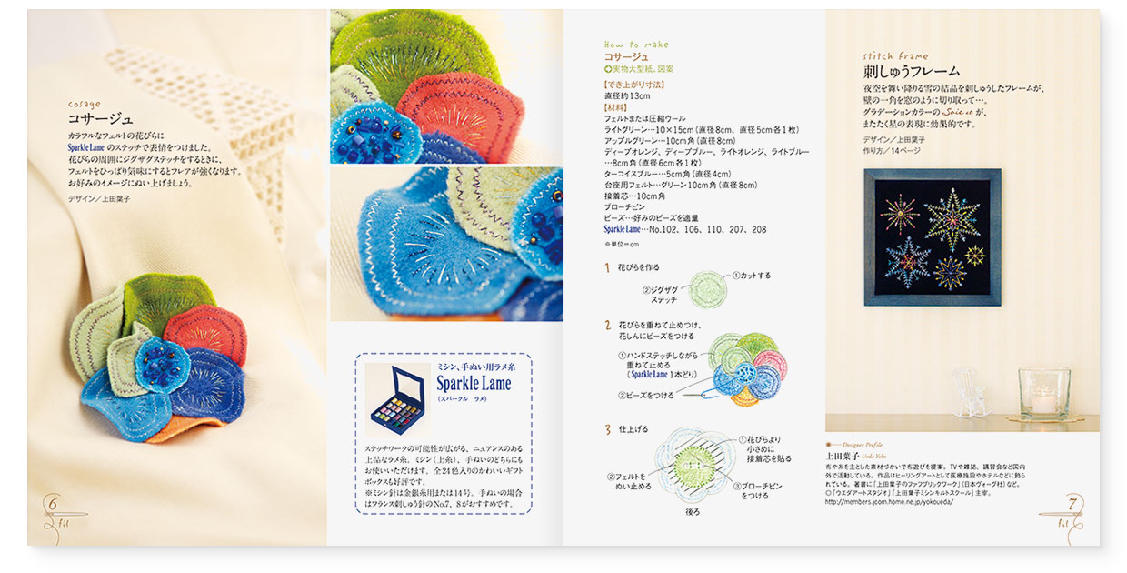 冊子｜手作りレシピ『fil vol.32』フジックス｜page-06｜コサージュ、Sparkle Lame（スパークルラメ）｜page-07｜コサージュの作り方、刺しゅうフレーム