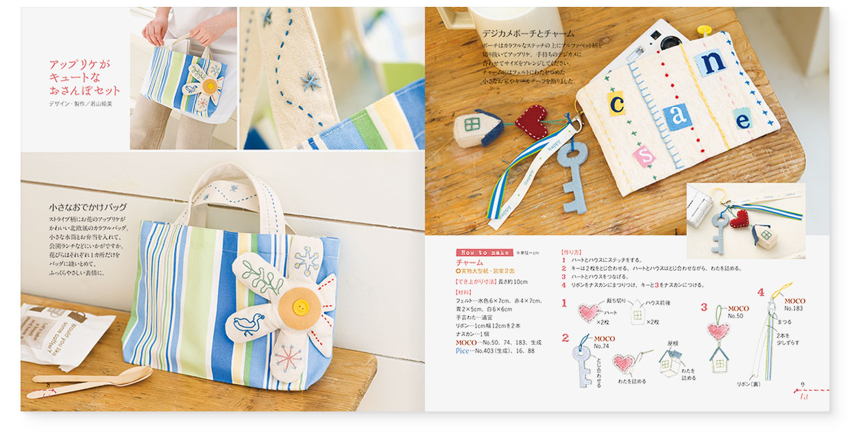 冊子|手作りレシピ『fil vol.33』フジックス|page-08|アップリケがキュートなおさんぽセット:小さなおでかけバッグ|page-09|デジカメポーチとチャーム、チャームの作り方