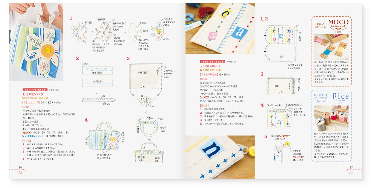冊子|手作りレシピ『fil vol.33』フジックス|page-16|おでかけバッグの作り方|page-17|デジカメポーチの作り方、MOCO(モコ)、Pice(ピセ)