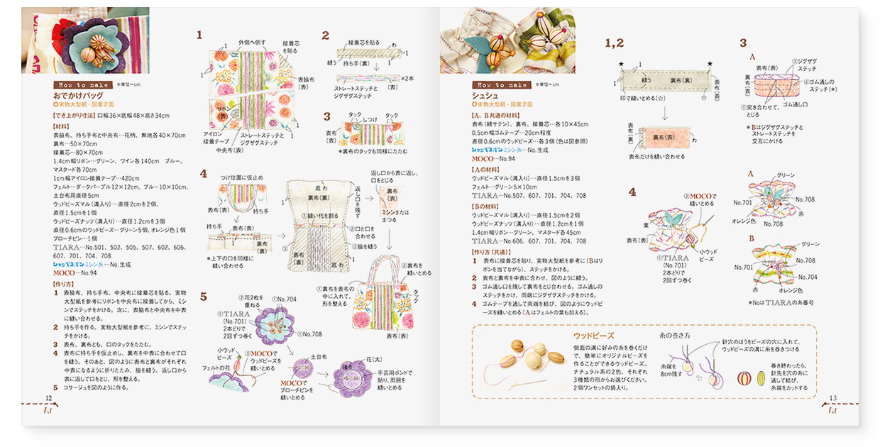 冊子|手作りレシピ『fil vol.34』フジックス|page-12|おでかけバッグの作り方|page-13|シュシュの作り方