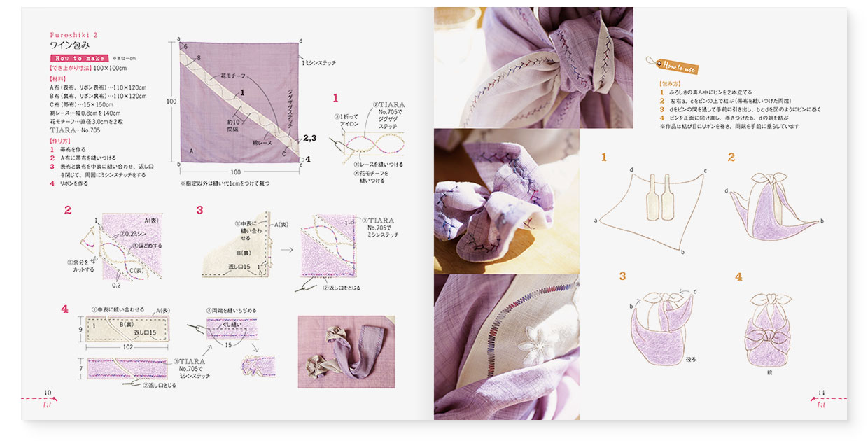 冊子｜手作りレシピ『fil vol.35』 フジックス｜page-10-11｜リネンのナチュラルふろしき：ワイン包みの作り方