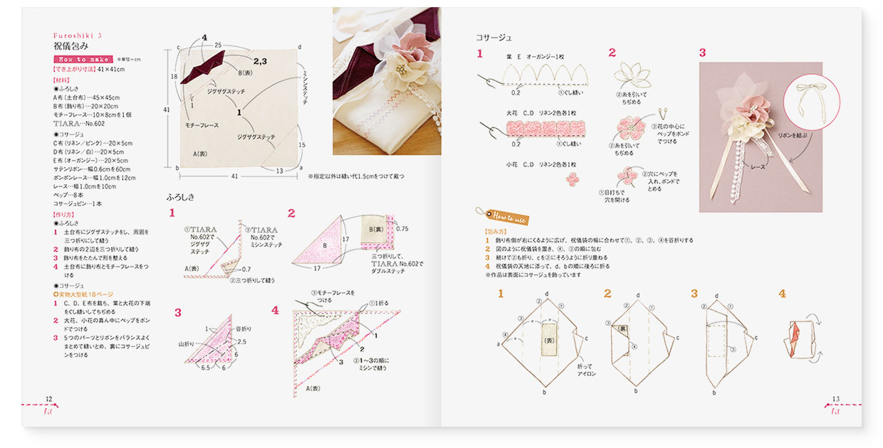 冊子｜手作りレシピ『fil vol.35』 フジックス｜page-12-13｜リネンのナチュラルふろしき：祝儀包みの作り方