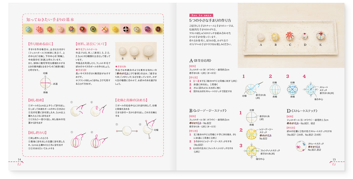 冊子｜手作りレシピ『fil vol.35』 フジックス｜page-14｜知っておきたい手まりの基本｜page-15｜5つの小さな手まりの作り方