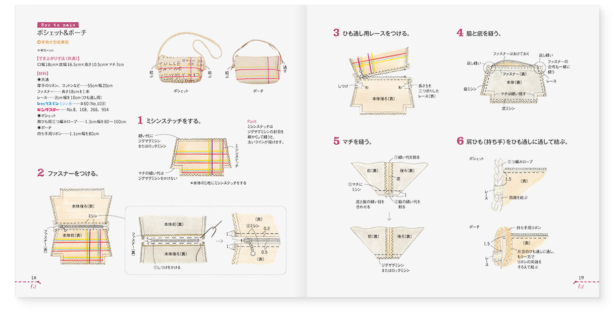 冊子|手作りレシピ『fil vol.37』フジックス|page-18-19 冊子|手作りレシピ『fil vol.37』フジックス|page-18-19|ポシェット&ポーチの作り方