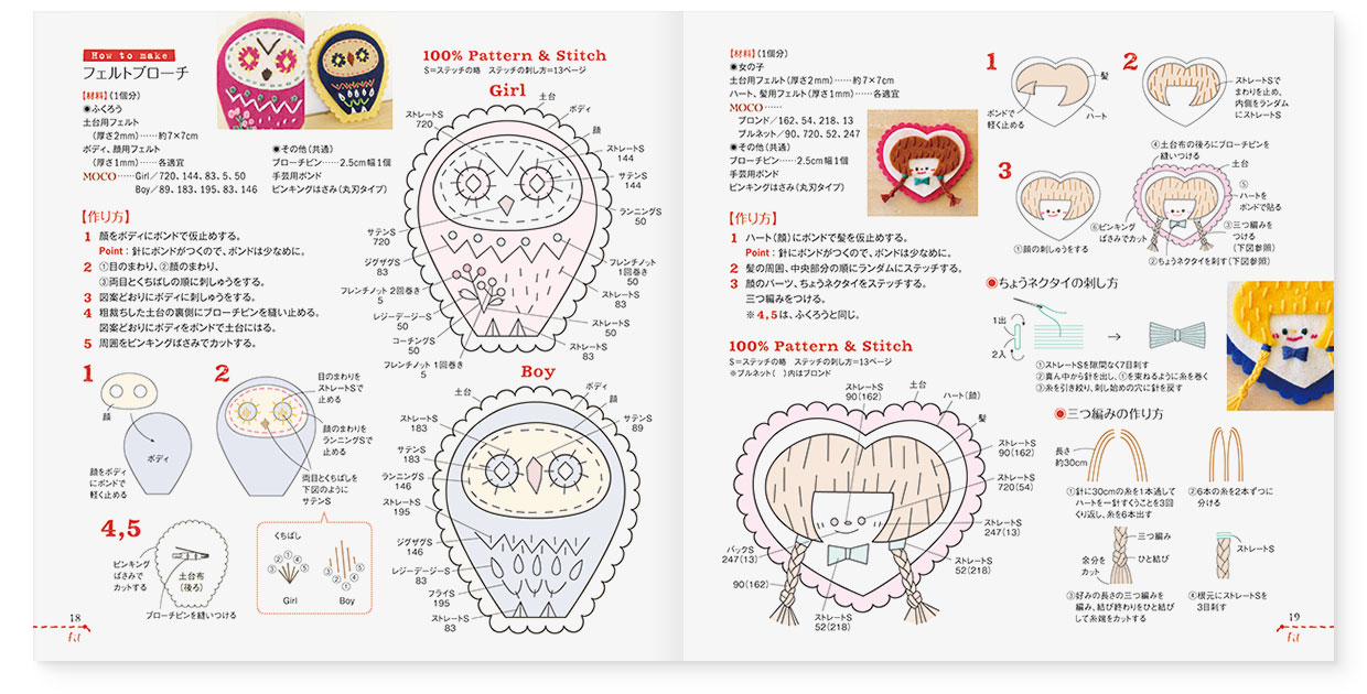 冊子｜手作りレシピ『fil vol.41』 フジックス｜page-18-19｜フェルトブローチ：作り方