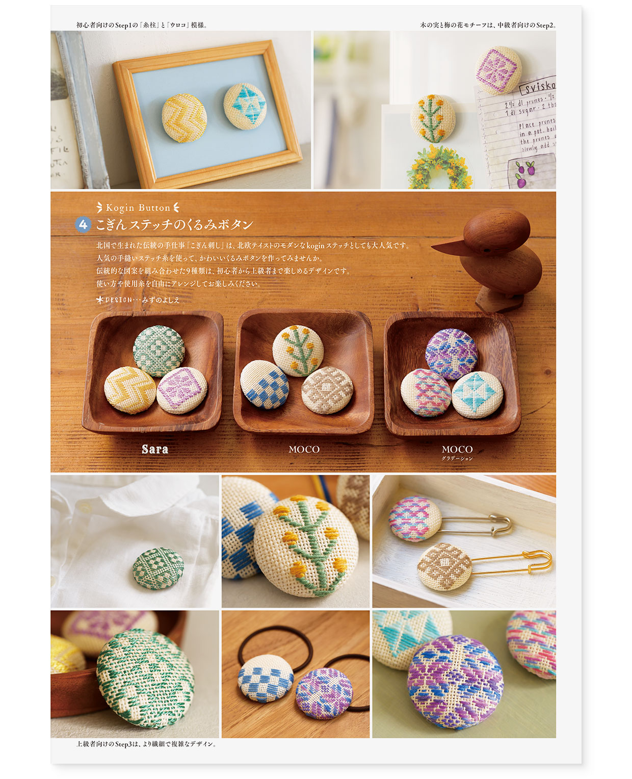 冊子｜手作りレシピ『itoto 2017』フジックス｜観音折り面｜page-07｜こぎんステッチのくるみボタン