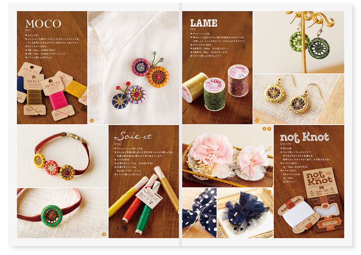 冊子|手作りレシピ『itoto 2018』フジックス|観音折り面|page-02|page-07 冊子|手作りレシピ『itoto 2018』フジックス|観音折り面|page-02|糸巻きボタンで作るアクセサリー|page-07|布と糸で作るおしゃれアクセサリー