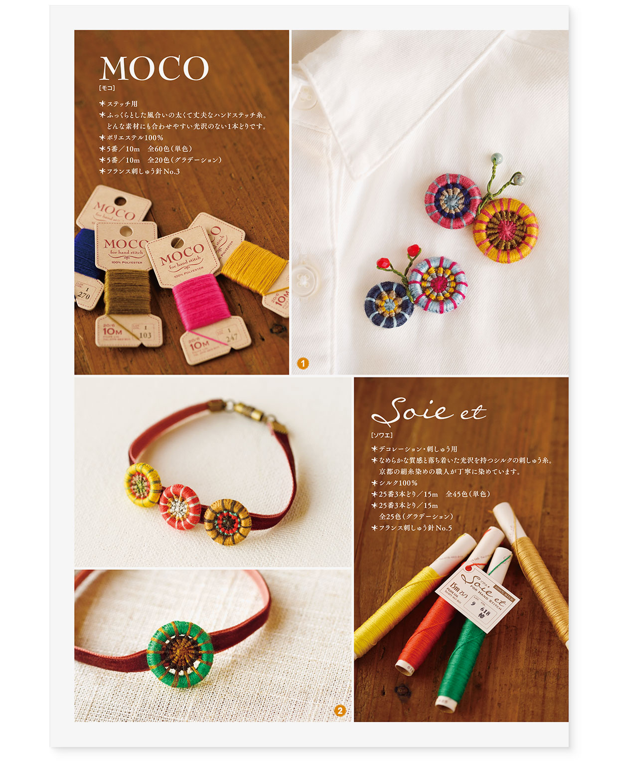 冊子|手作りレシピ『itoto 2018』フジックス|観音折り面|page-02 冊子|手作りレシピ『itoto 2018』フジックス|観音折り面|page-02|糸巻きボタンで作るアクセサリー/MOCO、Soie et