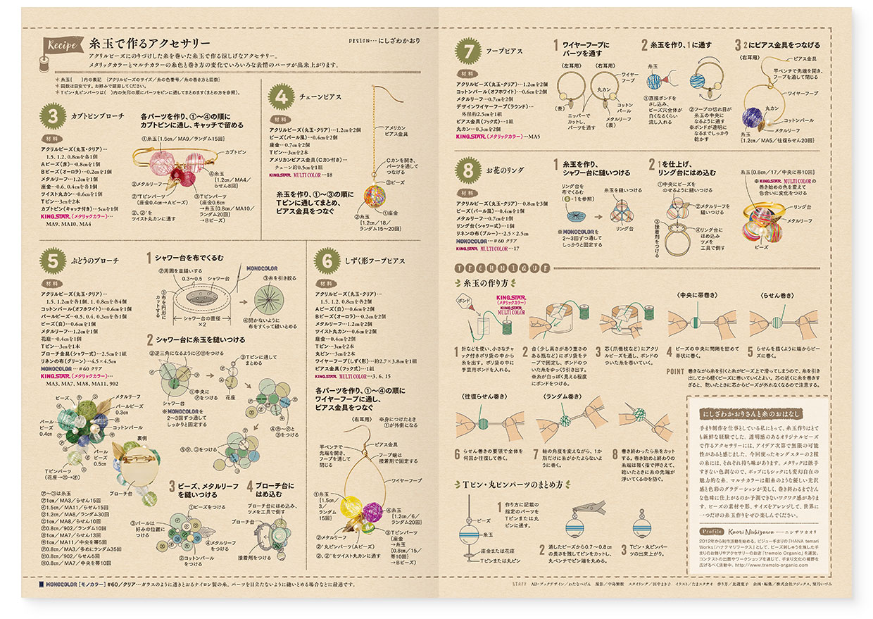 冊子｜手作りレシピ『itoto 2019』フジックス｜中面｜page-05-06｜糸玉で作るアクセサリー：作り方