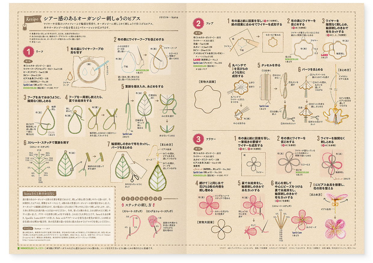 冊子|手作りレシピ『itoto 2020』フジックス|中面|page-02-03 冊子|手作りレシピ『itoto 2020』フジックス|中面|page-02-03|シアー感のあるオーガンジー刺しゅうのピアス:作り方