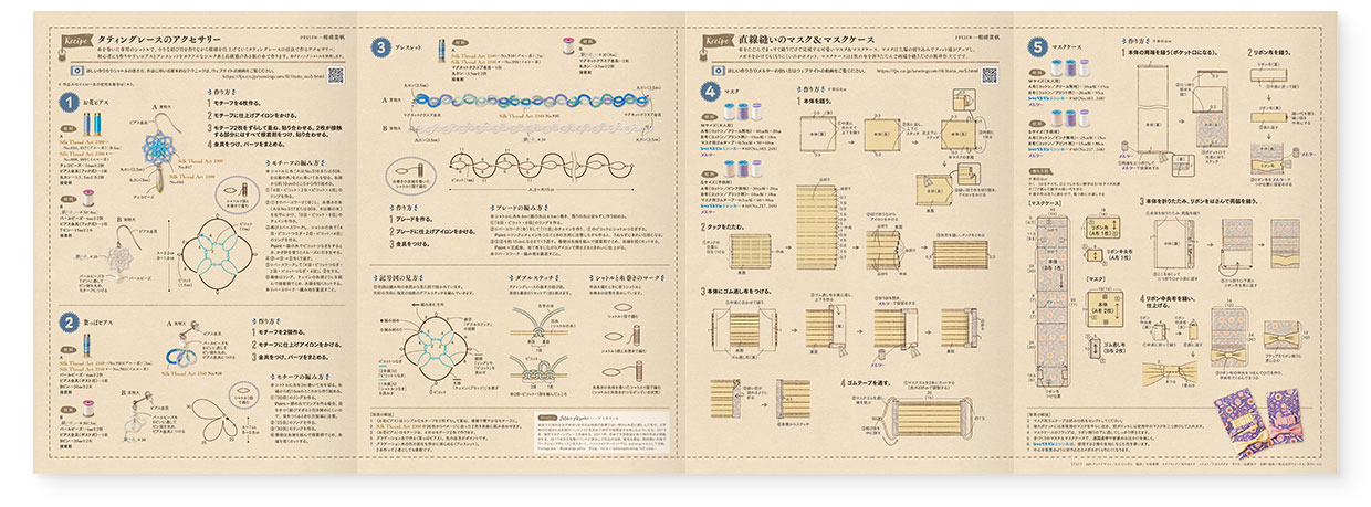 冊子｜手作りレシピ『itoto 2021』フジックス｜中面｜page-03-04-05-06｜タティングレースのアクセサリー、直線縫いのマスク＆マスクケース：作り方