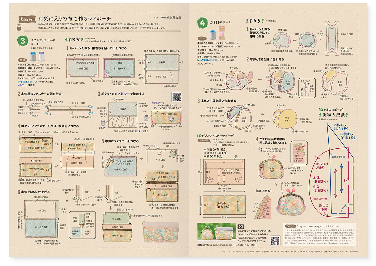 冊子｜手作りレシピ『itoto 2023』フジックス｜中面｜page-05-06｜お気に入りの布で作るマイポーチ（ダブルファスナーのポーチ、がま口のポーチ）：作り方